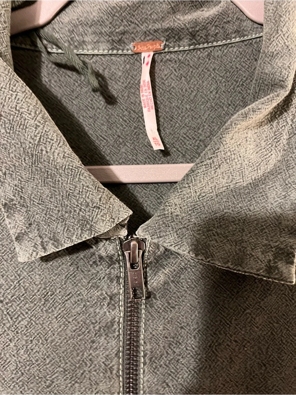 Free People Sage Green Textured Collared denim Zip Dress